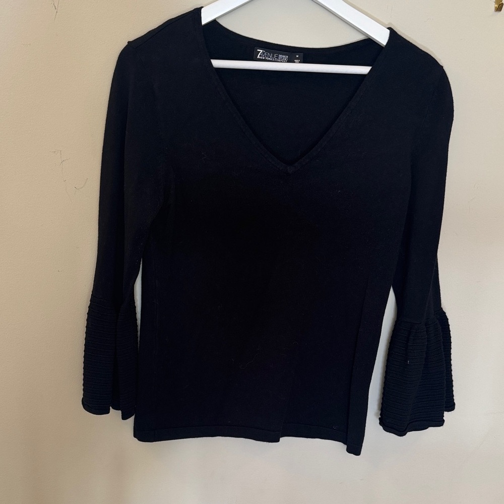 New York & Company Black V-Neck Blouse with Flared Sleeves